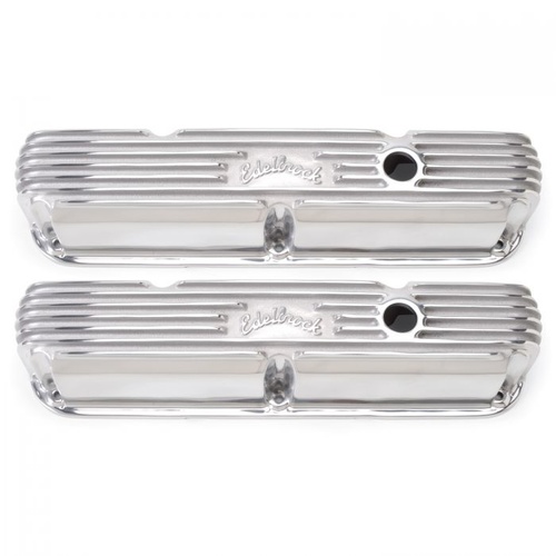 Edelbrock Valve Covers, Classic Series, Stock, Aluminium, Polished, Finned, Logo, For Chrysler, Small Block, Pair