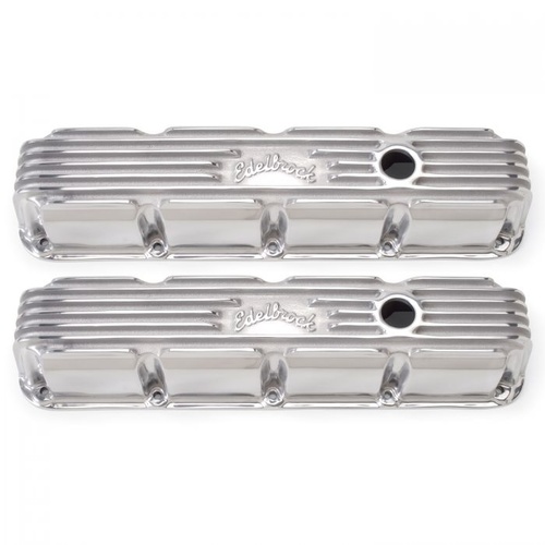 Edelbrock Valve Covers, Classic Series, Stock, Aluminium, Polished, Logo, For Dodge, Small Block Magnum, Pair