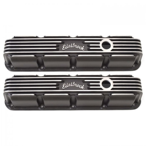 Edelbrock Valve Covers, Classic Series, Stock, Aluminium, Black, Logo, For Dodge, For Jeep, Small Block Magnum, Pair