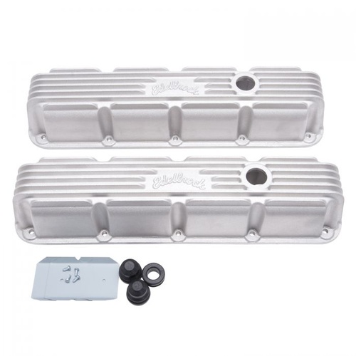 Edelbrock Valve Covers, Classic, Cast Aluminium, Natural, Ribbed with Logo Top, For Dodge, Small Block Magnum, Pair