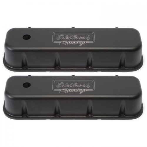 Edelbrock Valve Covers, Victor Series, Tall, Aluminium, Black Powdercoated, Racing Logo, For Chevrolet, Big Block, Pair