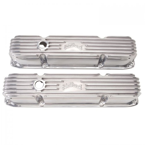 Edelbrock Valve Covers, Classic Series, Stock, Aluminium, Polished, Finned, Logo, For Chrysler, Big Block, Pair