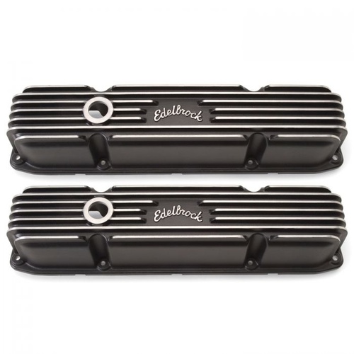 Edelbrock Valve Covers, Classic, Stock, Aluminium, Black, Finned, Logo, For Chrysler, For Dodge, For Plymouth, Big Block