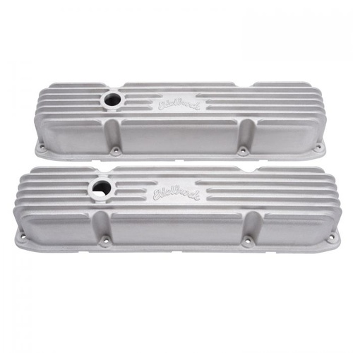 Edelbrock Valve Covers, Classic Series, Stock, Aluminium, Satin, Finned, Logo, For Chrysler, Big Block, Pair