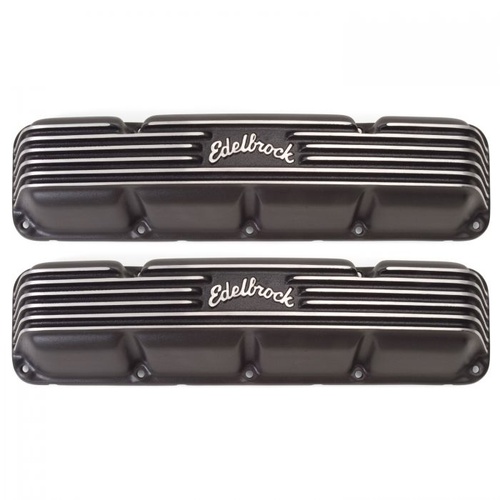 Edelbrock Valve Covers, Classic Series, Stock, Cast Aluminium, Black Powdercoated, Finned, Logo, AMC, Pair