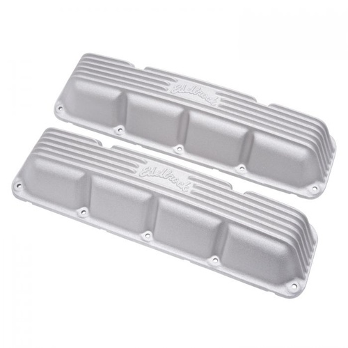 Edelbrock Valve Covers, Classic, Low-profile, Cast Aluminium, Natural, Ribbed with Logo Top, For Jeep, V8, Pair