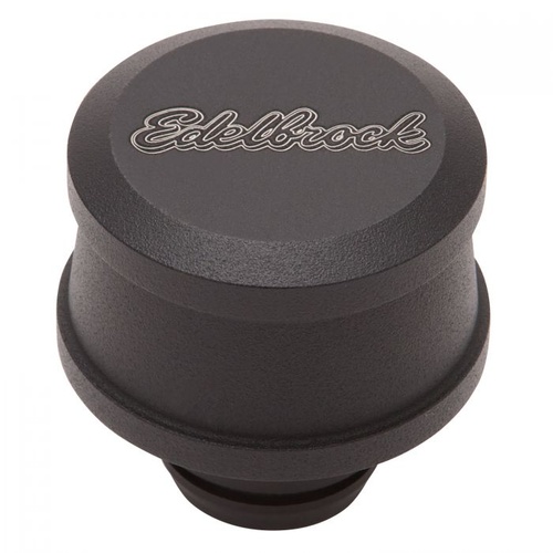 Edelbrock Valve Cover Breather, Push-In, Round, Billet Aluminium, Black Powdercoated Top, Polished Base, Logo, Each