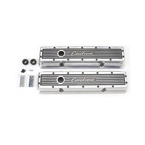 Edelbrock Valve Covers Elite Series Stock Height Aluminium Polished Ribbed Logo For Chevrolet Small Block Pair