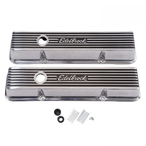 Edelbrock Valve Covers, Elite II Series, Low-profile, Cast Aluminium, Polished, Logo, For Chevrolet, Small Block, Pair