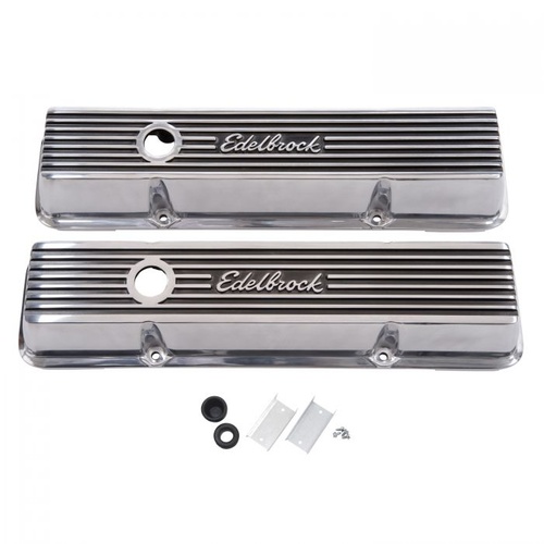 Edelbrock Valve Covers, Elite II Series, Tall, Cast Aluminium, Polished, Logo, For Chevrolet, Small Block, Pair