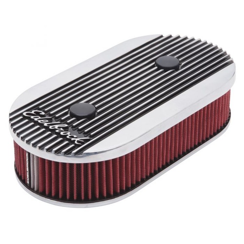 Edelbrock Air Cleaner Assembly, Elite II Series, Oval, Dual Quad, Red Cotton Gauze, Pro-Charge Stripe, Polished, Each