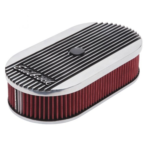 Edelbrock Air Cleaner Assembly, Elite II Series, Oval, Single Carb, Red Cotton Gauze, Pro-Charge Stripe, Polished, Each