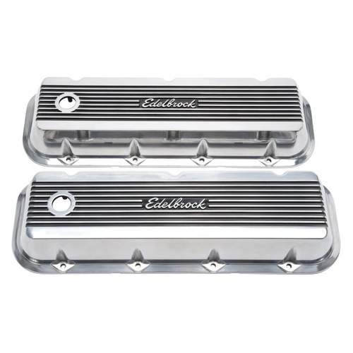 Edelbrock Valve Covers, Elite II Series, Stock Height, Aluminium, Polished, Logo, For Chevrolet, Big Block, Pair