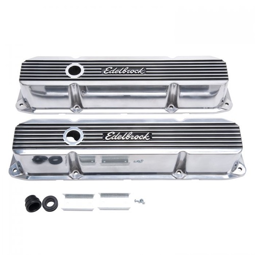 Edelbrock Valve Covers, Elite II Series, Stock Height, Aluminium, Polished, Logo, Mopar, Big Block, Pair