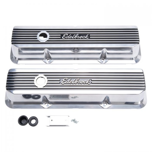 Edelbrock Valve Covers, Elite II Series, Stock Height, Aluminium, Polished, Logo, For Ford, Big Block FE, Pair