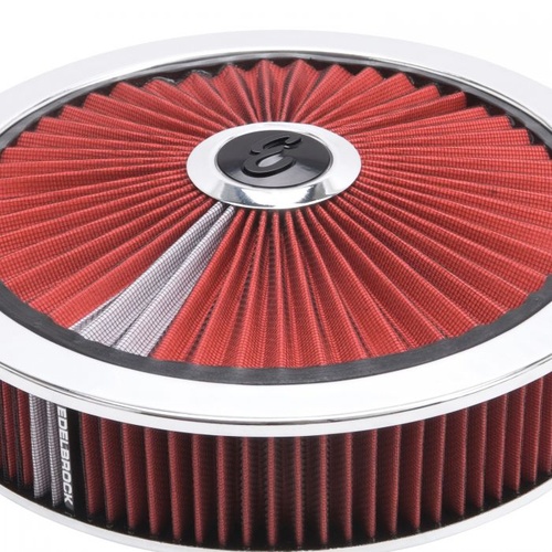 Edelbrock Air Cleaner Assembly, Pro-Flo, Round, 14 in., Red Cotton Gauze, Pro-Charge Stripe, Chrome Trim, Each