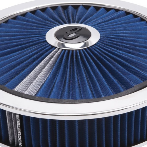 Edelbrock Air Cleaner Assembly, Pro-Flo, Round, 14 in., Blue Cotton Gauze, Pro-Charge Stripe, Chrome Trim, Each