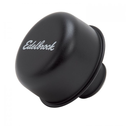 Edelbrock Valve Cover Breather, Push-In, Round, Steel, Black, Logo, Each