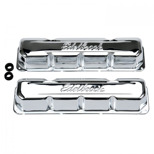 Edelbrock Valve Covers, Signature Series, Stock Height, Steel, Chrome, Logo, AMC, V8, Pair