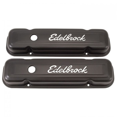 Edelbrock Valve Covers, Signature Series, Stock Height, Steel, Black Powdercoated, No Baffles, For Pontiac, V8, Pair