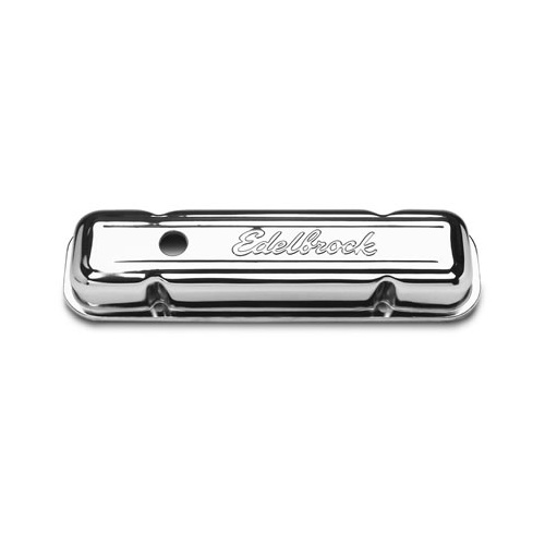 Edelbrock Valve Covers, Signature Series, Stock Height, Steel, Chrome, Logo, No Baffles, For Pontiac, V8, Pair