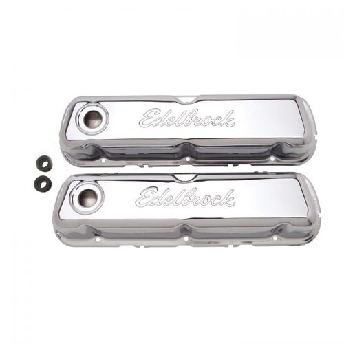 Edelbrock Valve Covers, Signature Series, Stock Height, Steel, Chrome, Logo, For Ford, Small Block, Pair