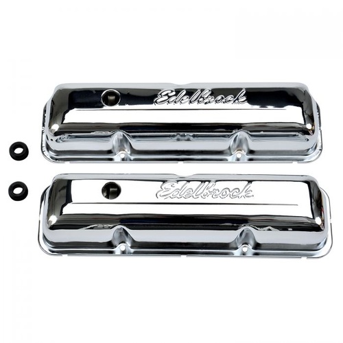 Edelbrock Valve Covers, Signature Series, Stock Height, Steel, Chrome, Logo, For Ford, FE Big Block, Pair