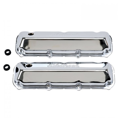Edelbrock Valve Covers, Signature Series, Stock Height, Steel, Chrome, Logo, For Ford, 385 Series Big Block, Pair