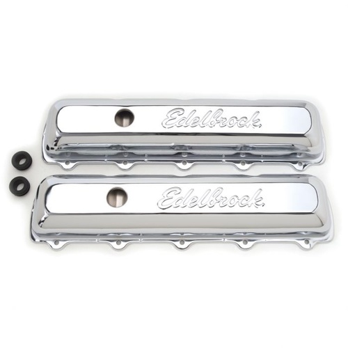 Edelbrock Valve Covers, Signature Series, Stock Height, Steel, Chrome, Logo, For Oldsmobile, V8, Pair