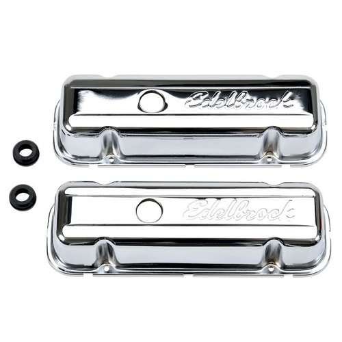 Edelbrock Valve Covers, Signature Series, Stock Height, Steel, Chrome, Logo, For Buick, V6, 3.8L, 4.1L, Pair
