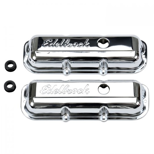 Edelbrock Valve Covers, Signature Series, Stock Height, Steel, Chrome, Logo, For Chevrolet, V6, 2.8L, Pair