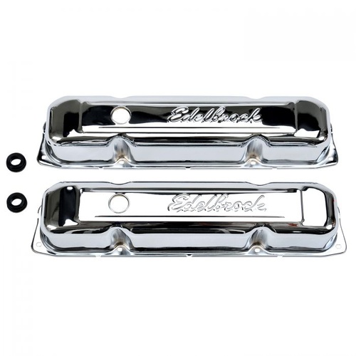 Edelbrock Valve Covers, Signature Series, Stock Height, Steel, Chrome, Logo, Mopar, Big Block, Pair