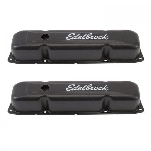 Edelbrock Valve Covers, Signature Series, Stock Height, Steel, Black Powdercoat, Logo, Mopar, Big Block, Pair