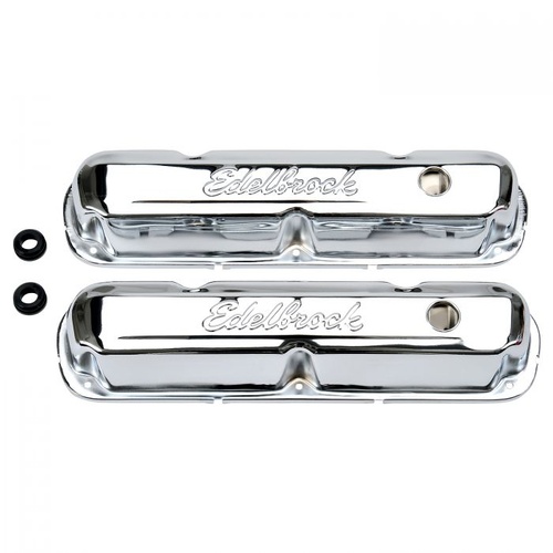 Edelbrock Valve Covers, Signature Series, Stock Height, Steel, Chrome, Logo, Mopar, Small Block, Pair