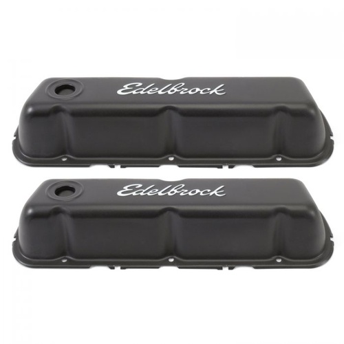 Edelbrock Valve Covers, Signature Series, Stock Height, Steel, Black, Logo, For Ford, 260, 289, 302, 351W, Pair