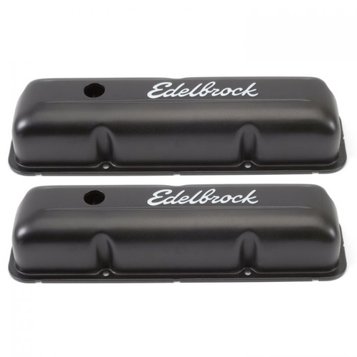 Edelbrock Valve Covers, Signature Series, Stock Height, Steel, Black Powdercoat, Logo, For Ford FE Big Block, Pair