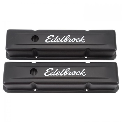 Edelbrock Valve Covers, Signature Series, Tall, Steel, Black Powdercoated, Logo, For Chevrolet, Small Block, Pair