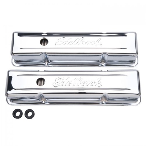 Edelbrock Valve Covers, Signature Series, Tall, Steel, Chrome, Logo, For Chevrolet, Small Block, Pair