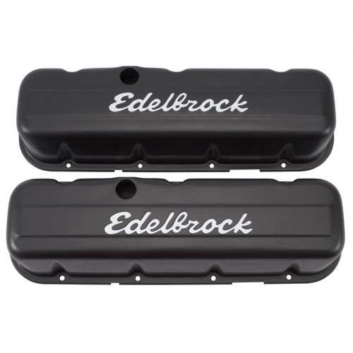Edelbrock Valve Covers, Signature Series, Tall, Steel, Black Powdercoated, Logo, For Chevrolet, Big Block, Pair