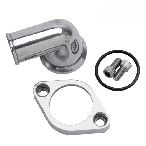 Edelbrock Water Neck, Aluminium, Polished, O-Ring, 90 degree, Swivel, For Chevrolet, V8, V6, Each