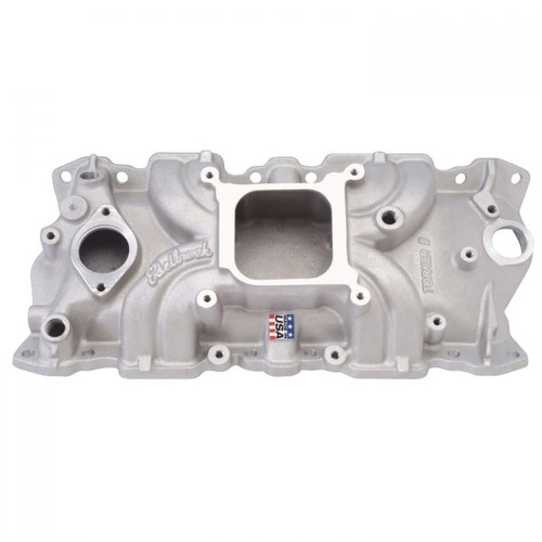 Edelbrock Intake Manifold, Torker II, Single Plane, Aluminium, Natural, Square Bore, For Chevrolet, Small Block, Each