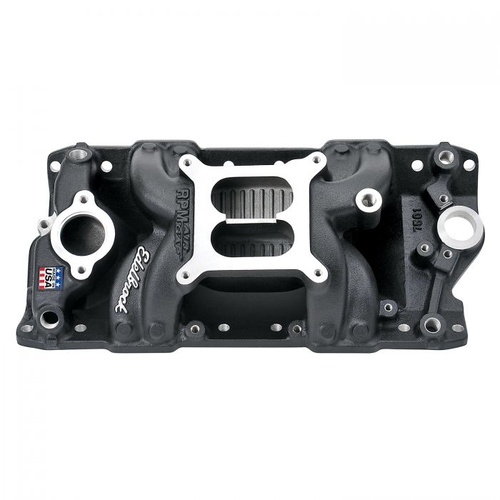 Edelbrock Intake Manifold, Performer RPM Air Gap, Dual Plane, Aluminium, Black, Square Bore, For Chevrolet, Small Block, Each