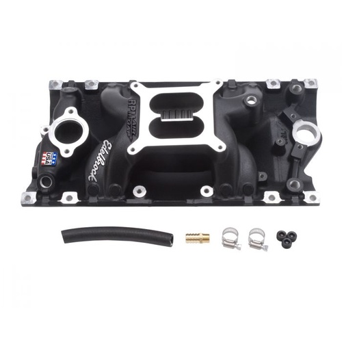 Edelbrock Intake Manifold, Performer RPM Air-Gap, Dual Plane, Aluminium, Black, 4-barrel Square Bore, For Chevrolet, 5.7L, Vortec