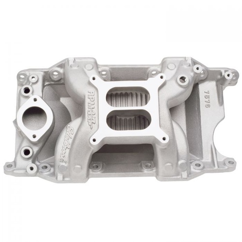 Edelbrock Intake Manifold, Performer RPM Air Gap, Dual Plane, Aluminium, Natural, Square Bore, Mopar, 318, 340, 360