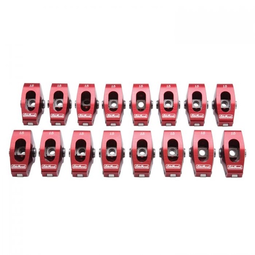 Edelbrock Rocker Arms, Full Roller, Stud Mount, 1.5 Ratio, Aluminium, Red Anodized, For Chevrolet, Small Block, Set of 16