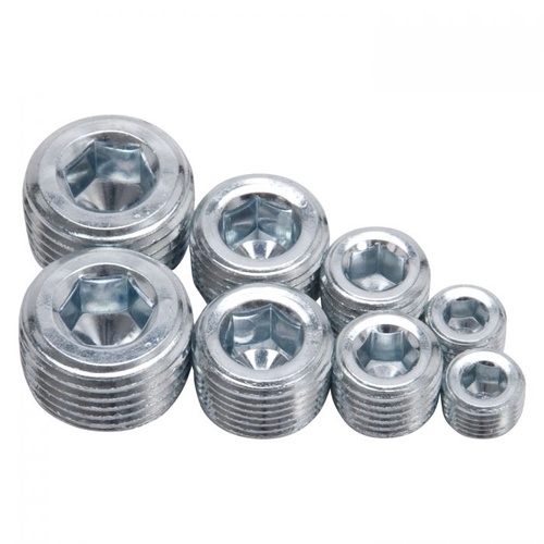 Edelbrock Fittings, Pipe Plug Kit, Internal Allen Head, 1/8in., 1/4in. 3/8in., 1/2in., NPT, Steel, Zinc Plated, Set of 8