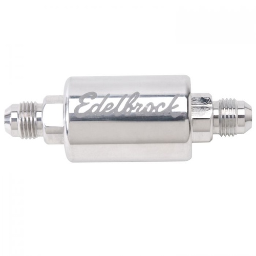 Edelbrock Fuel Filter, In-Line, Polished Aluminium, 40 Microns, -6 AN Male Inlet/Outlet, 75 psi Max. Fuel Pressure, Each
