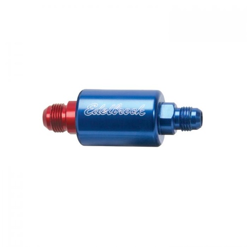 Edelbrock Fuel Filter, In-Line, Aluminium, Blue Anodized, 40 Microns, -6 AN Male Inlet/Outlet, 75 psi Max. Pressure, Each
