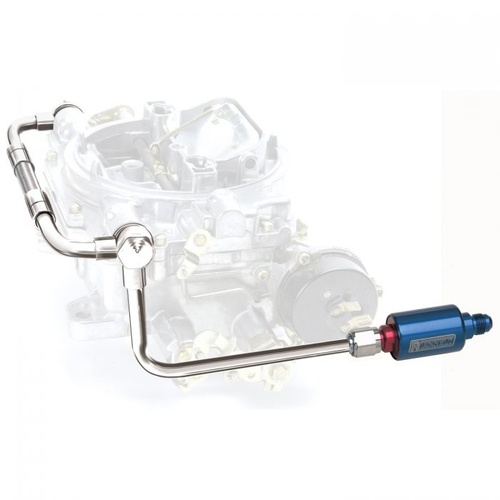 Edelbrock Fuel Line, Steel, Thunder Series AVS, Blue Aluminium Filter, -6 AN Inlet, Dual 5/8-20 in. Outlets, Kit