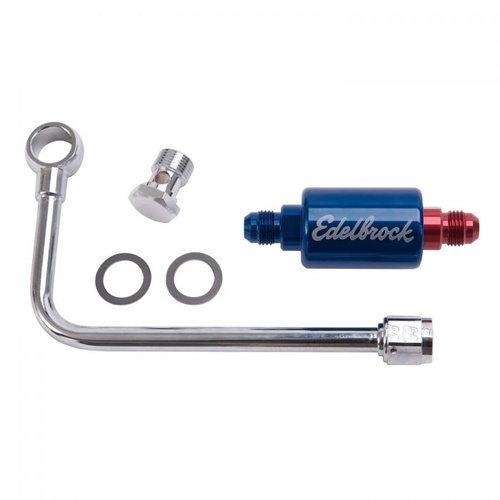 Edelbrock Fuel Line, Chrome, Steel, Thunder and Performer Series, Blue Aluminium Filter, -6 AN Male Inlet, Kit